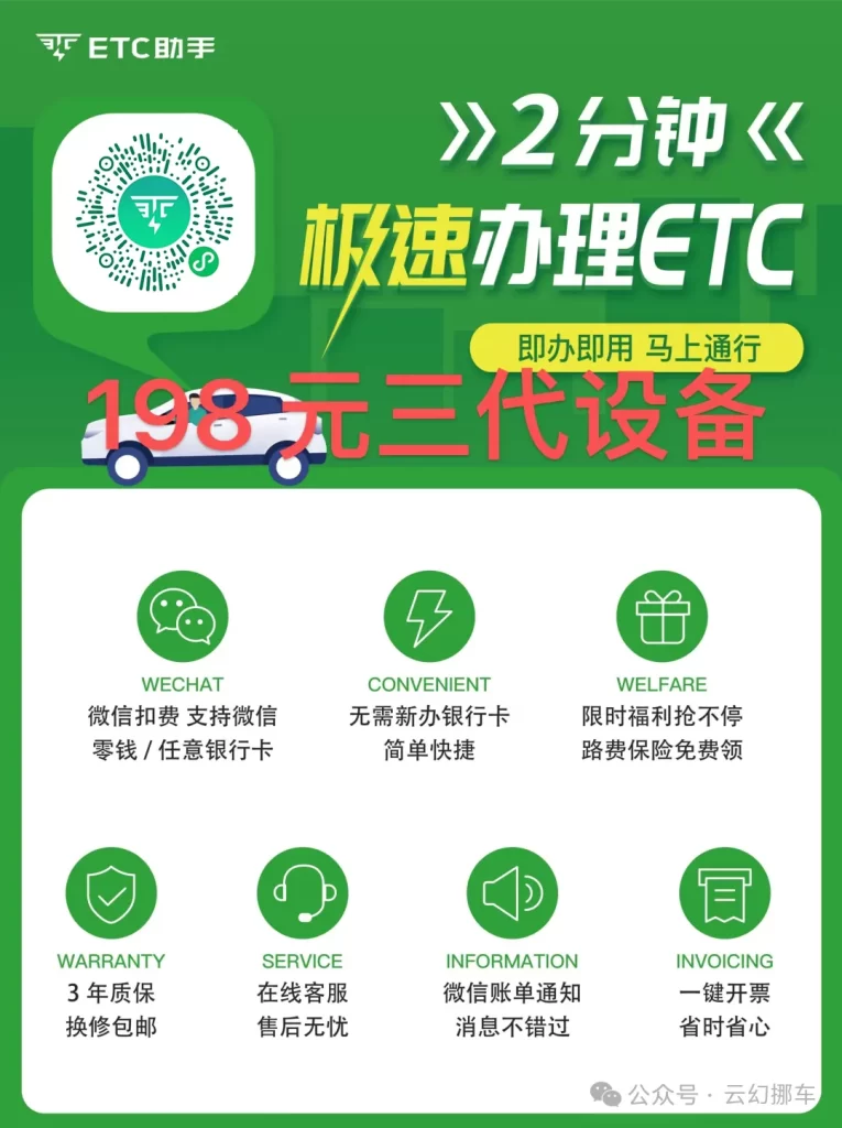ETC在线办理！全国高速通行95折！微信扣款，无需充值！智能无卡ETC！